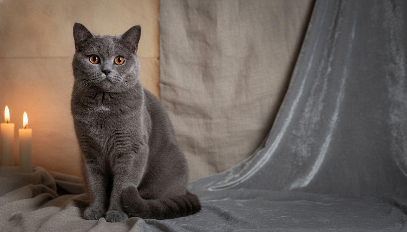 A regal British Shorthair with a plush blue-grey coat and copper eyes