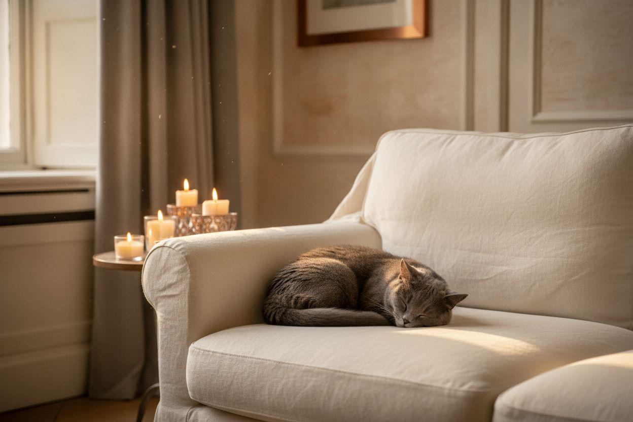 A British Shorthair resting on cream linen by a warm window